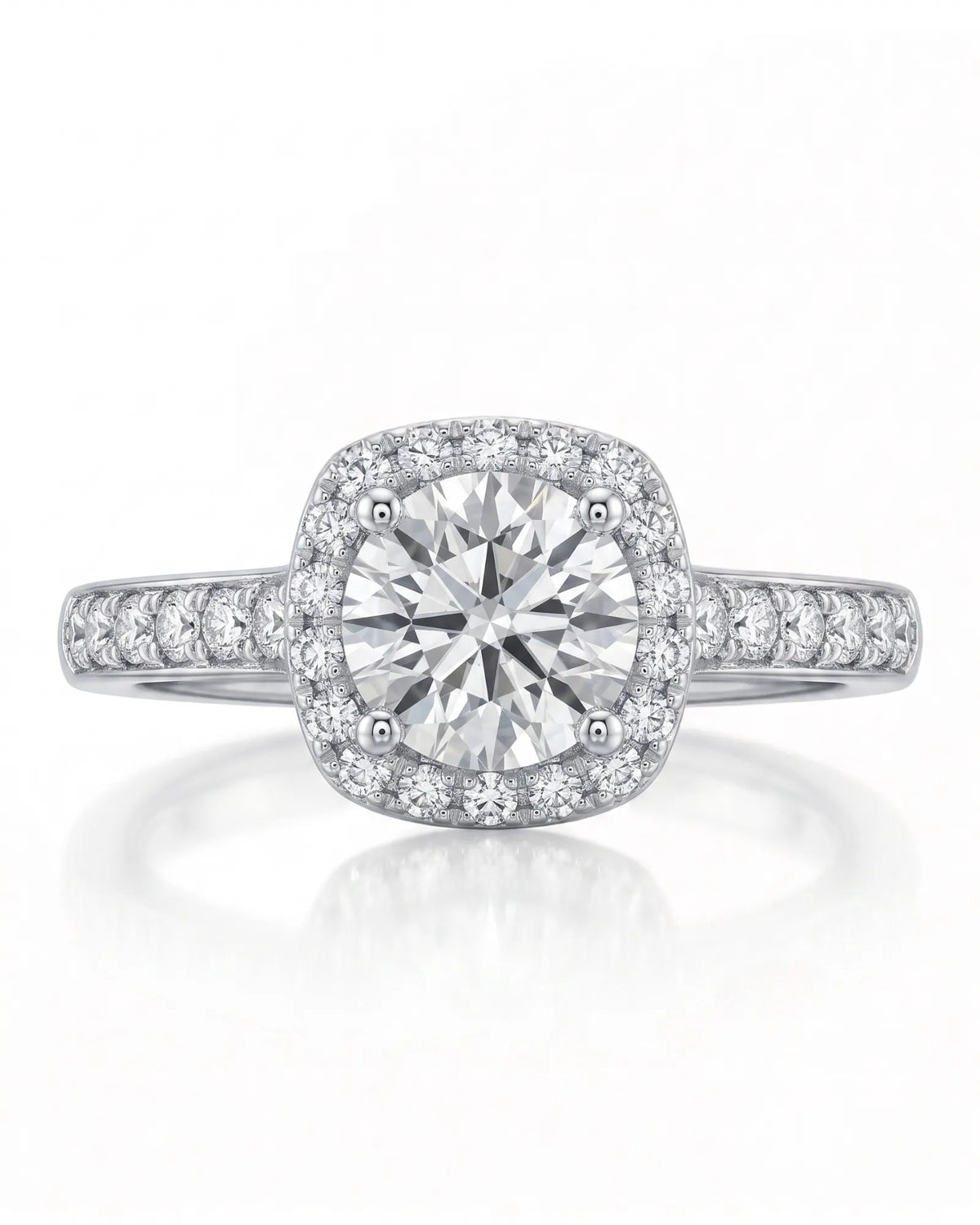 BEA 0.50 carat round natural diamond halo engagement ring in platinum, front view of cushion halo and pavé shoulders | SARATTI