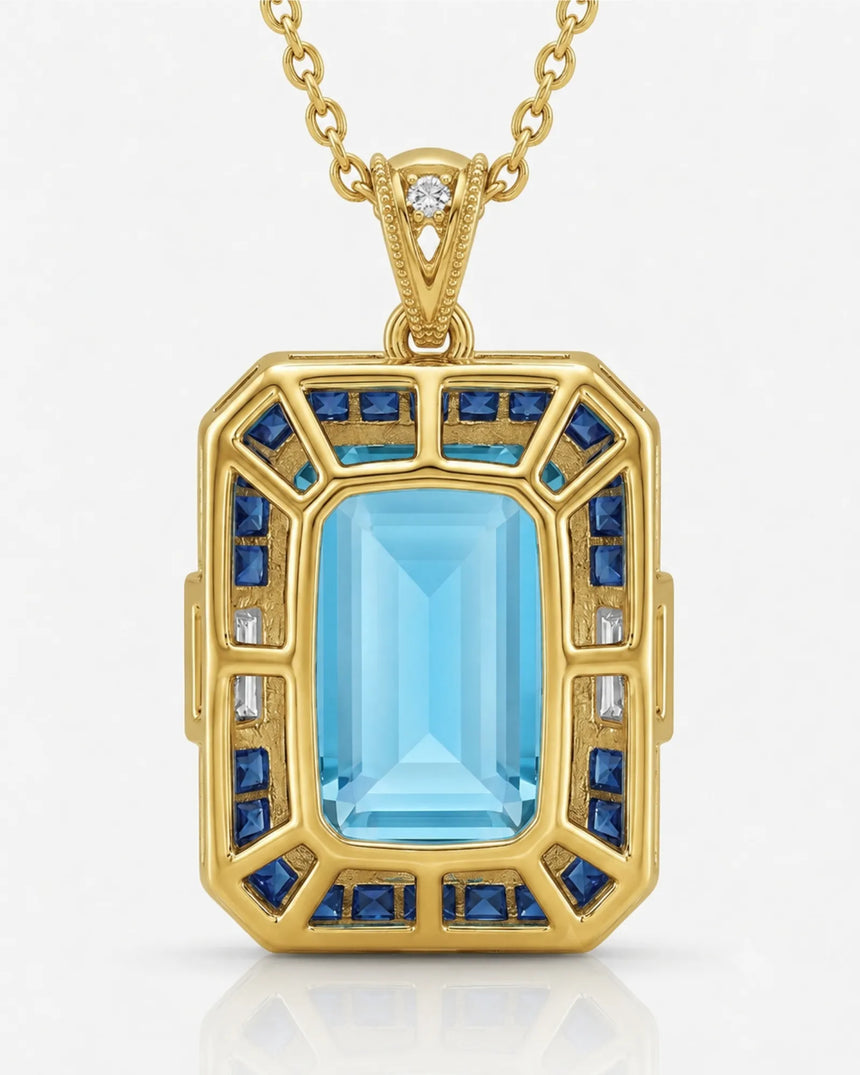 Bleu Meridian emerald-cut Aquamarine necklace setting in yellow gold, back view showing open geometric gallery and sapphire frame | SARATTI