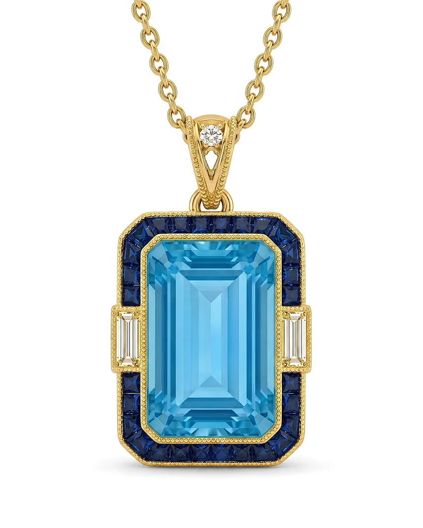 Bleu Meridian emerald-cut Aquamarine sapphire and diamond necklace setting in yellow gold, front view | SARATTI