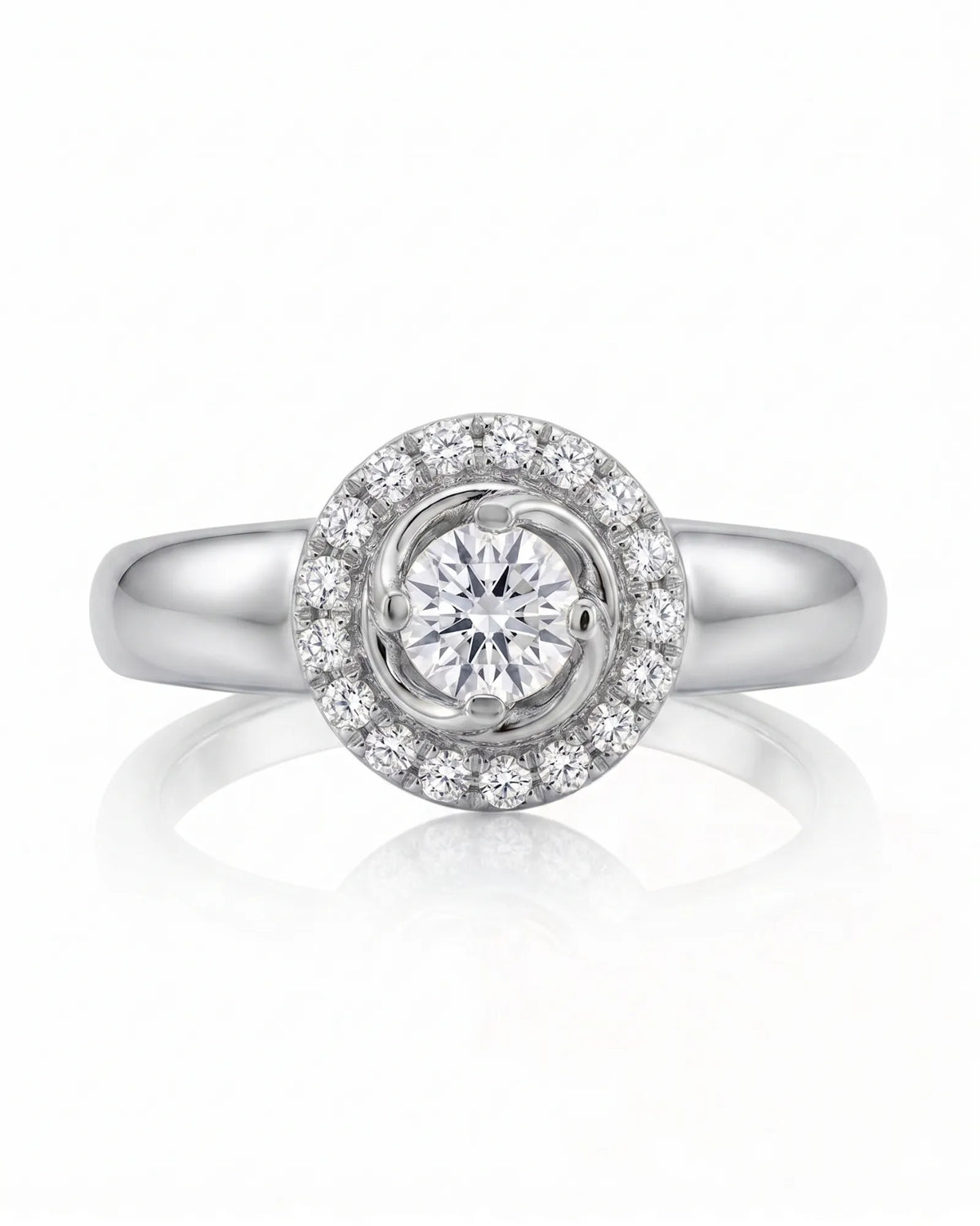 CARI 0.5 carat round natural diamond vintage halo engagement ring in 18K white gold, front view of floral diamond halo | SARATTI