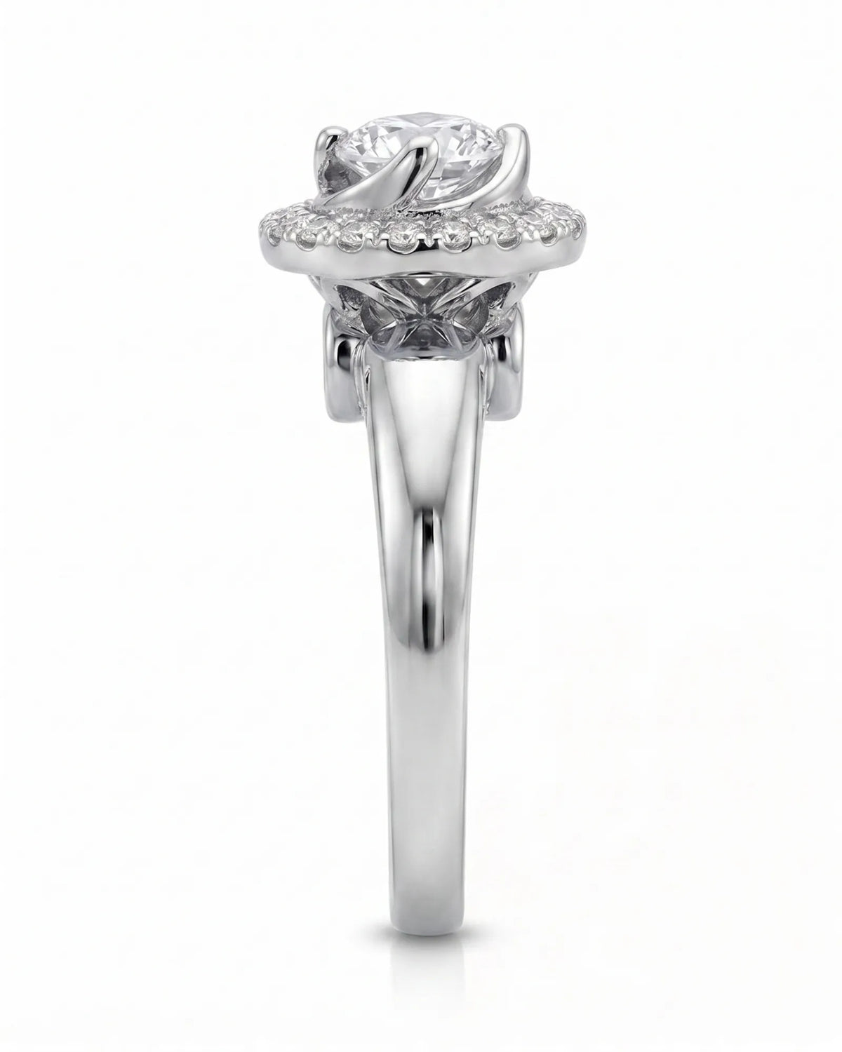 CARI 0.5 carat round natural diamond vintage halo engagement ring in 18K white gold, side profile showing elevated floral gallery | SARATTI