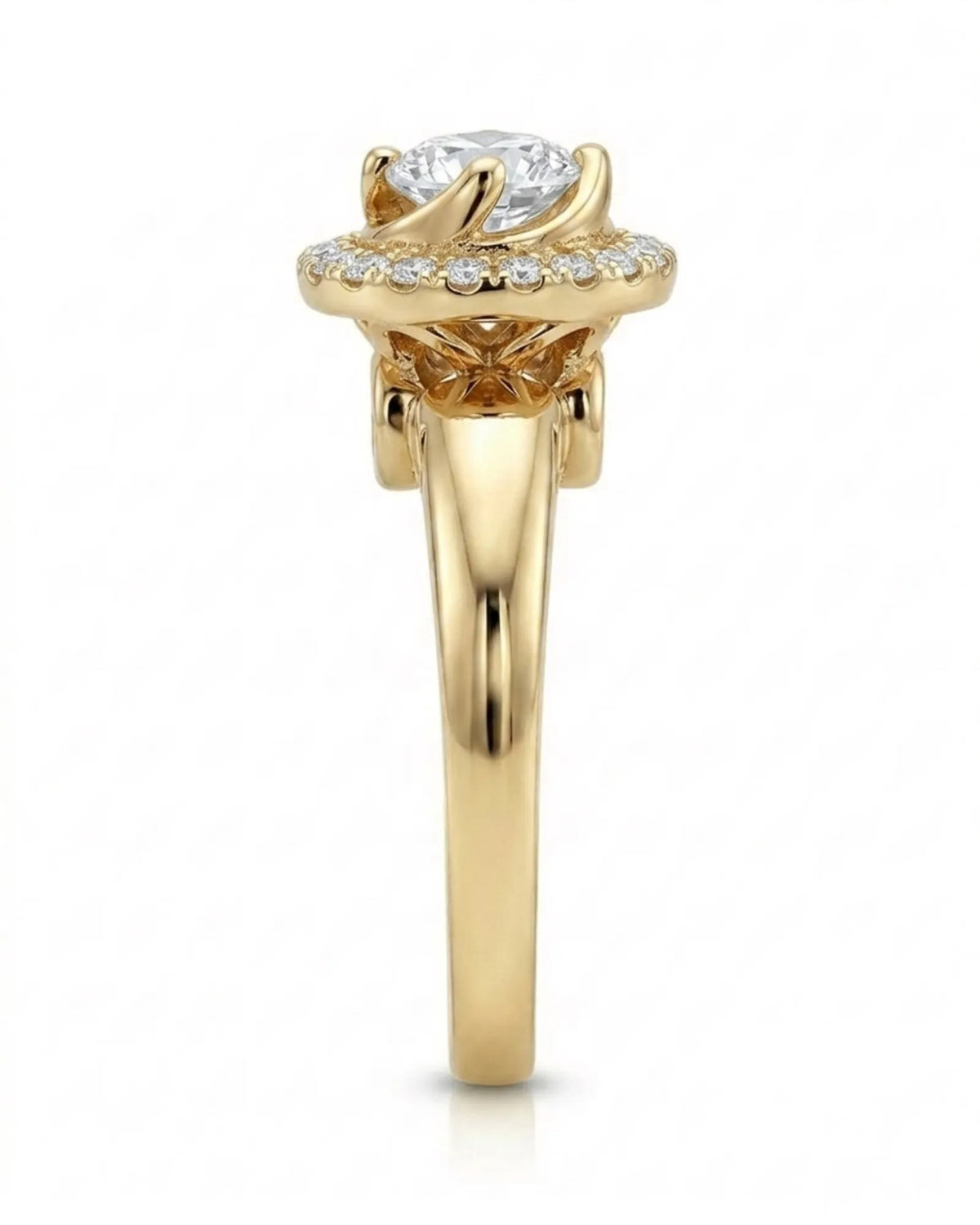 CARI 0.5 carat round natural diamond vintage halo engagement ring in 18K yellow gold, side profile showing elevated floral gallery | SARATTI