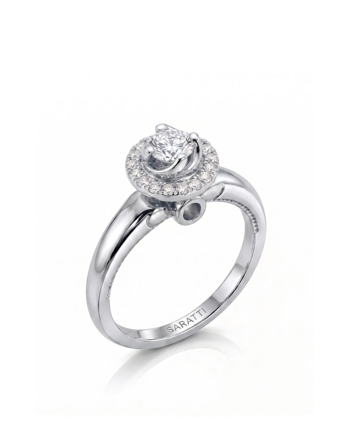 CARI 0.5 carat round natural diamond vintage halo engagement ring in platinum, 45-degree hero view | SARATTI