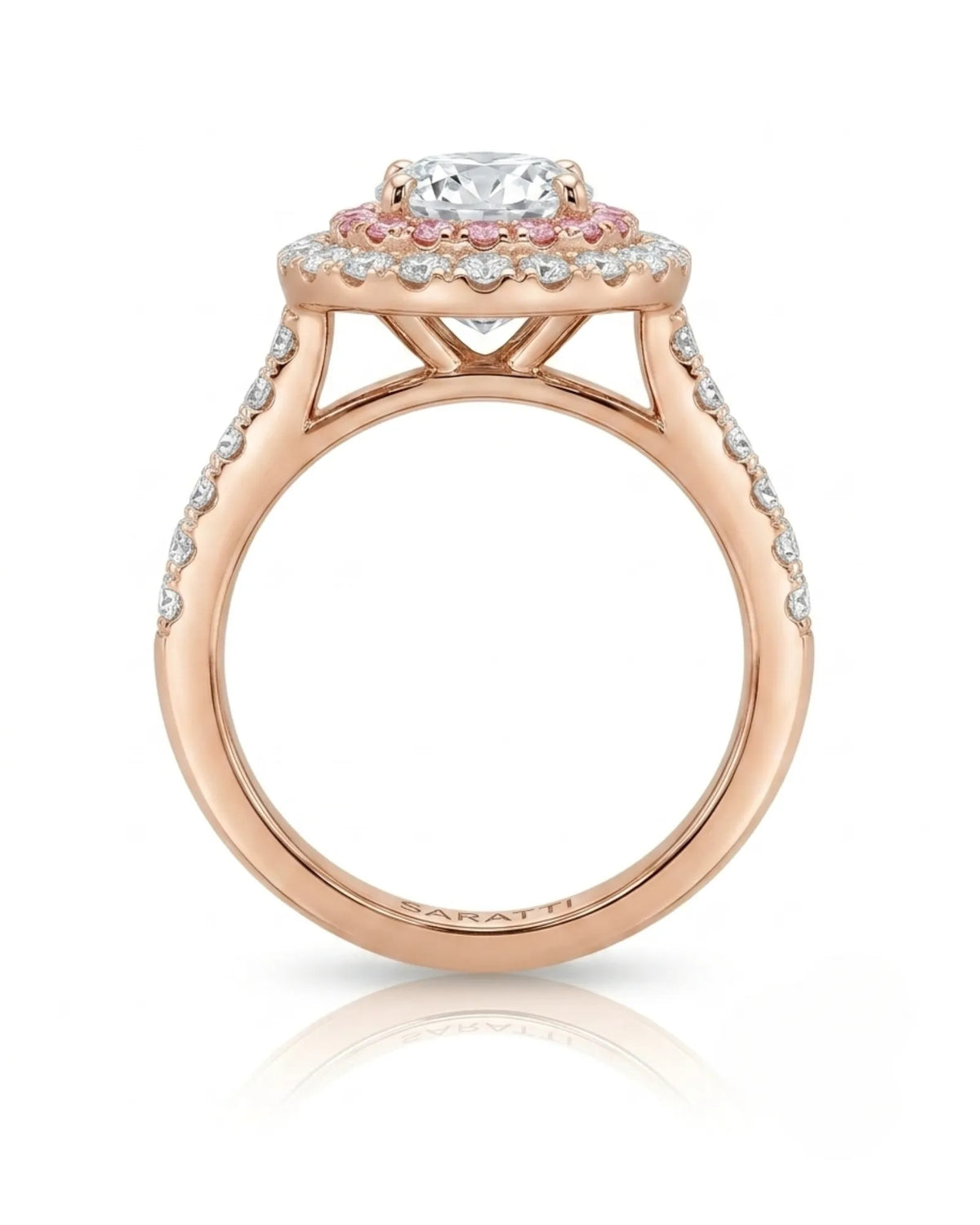 Chelsea 0.5 carat round natural diamond engagement ring with natural pink diamond double halo in 18K rose gold, profile view of elevated floral gallery | SARATTI