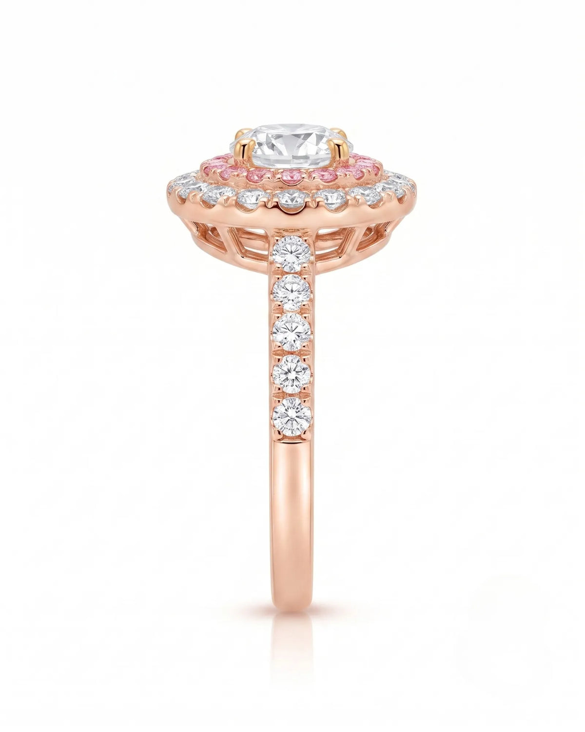 Chelsea 0.5 carat round natural diamond engagement ring with natural pink diamond double halo in 18K rose gold, side elevation showing pavé band | SARATTI