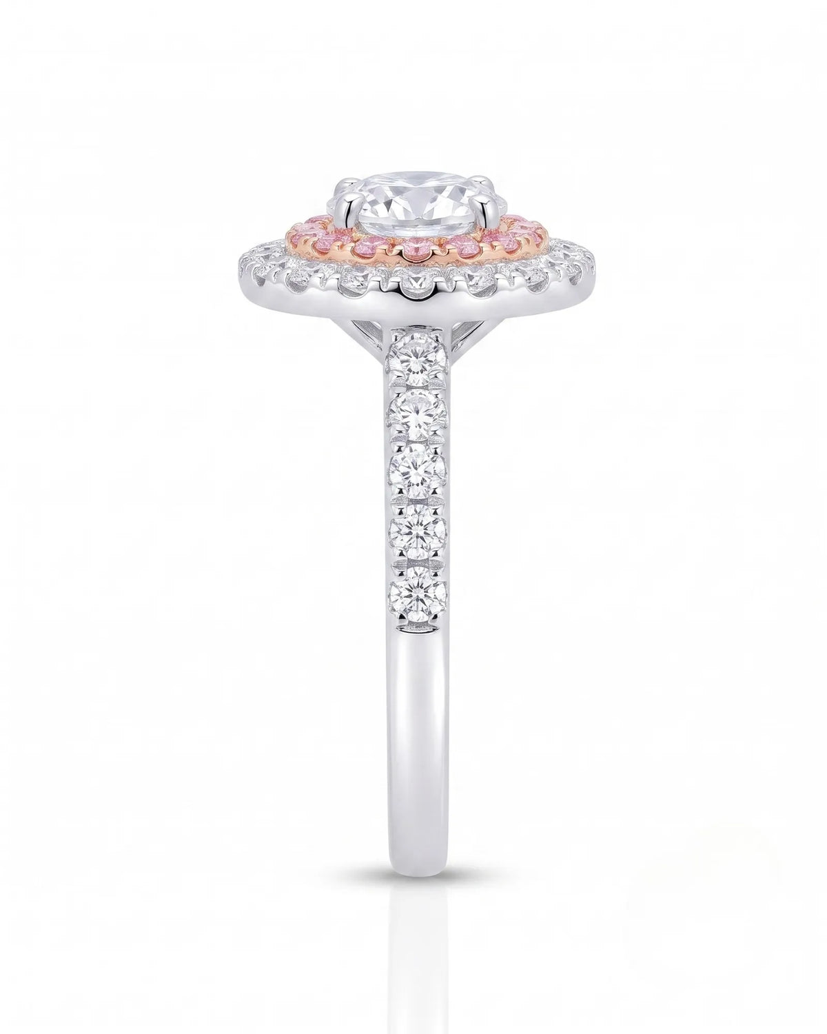 Chelsea 0.5 carat round natural diamond engagement ring with natural pink diamond double halo in 18K white gold, side elevation showing pavé band | SARATTI