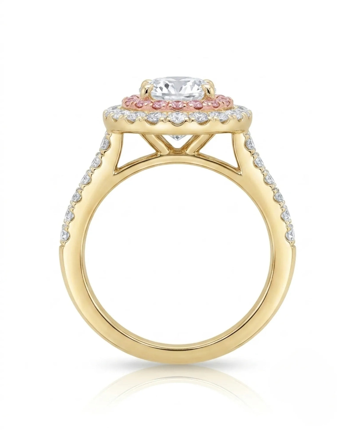 Chelsea 0.5 carat round natural diamond engagement ring with natural pink diamond double halo in 18K yellow gold, profile view of elevated floral gallery | SARATTI