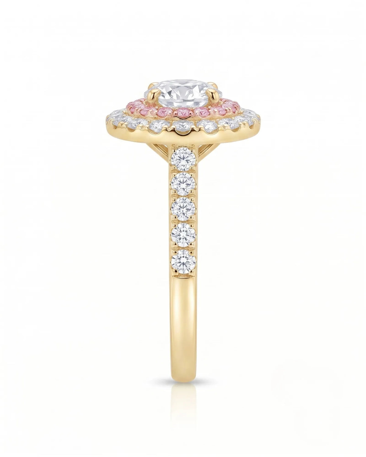 Chelsea 0.5 carat round natural diamond engagement ring with natural pink diamond double halo in 18K yellow gold, side elevation showing pavé band | SARATTI