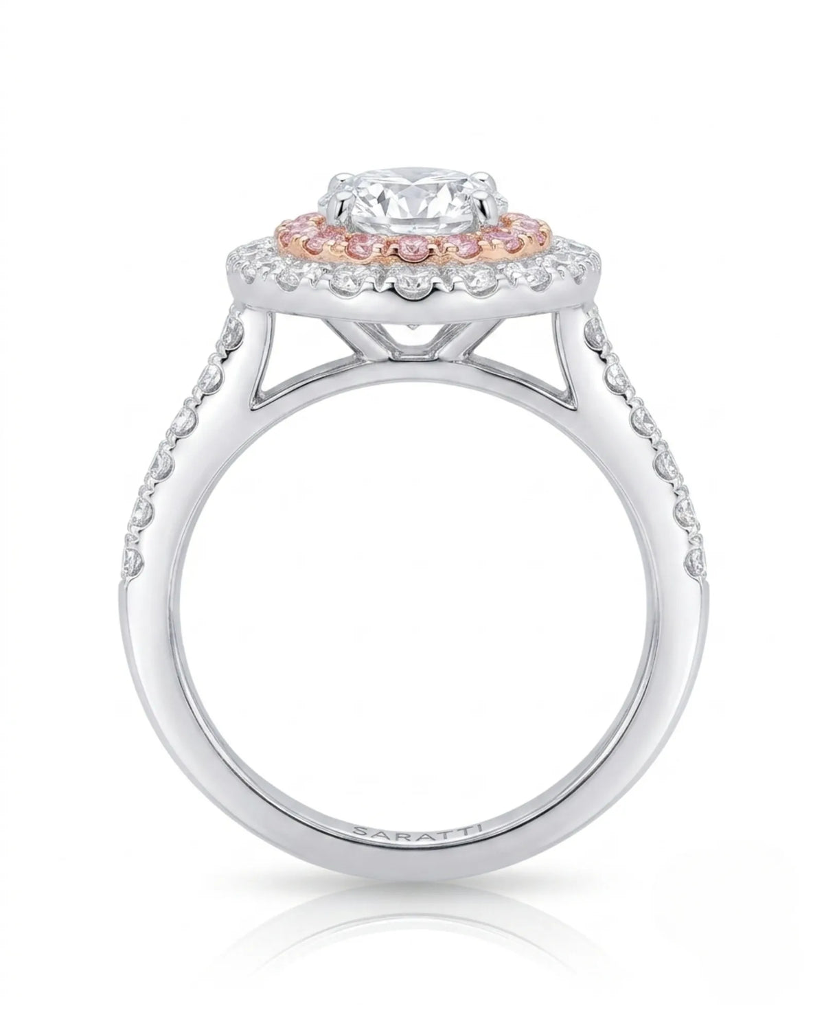 Chelsea 0.5 carat round natural diamond engagement ring with natural pink diamond double halo in platinum, profile view of elevated floral gallery | SARATTI