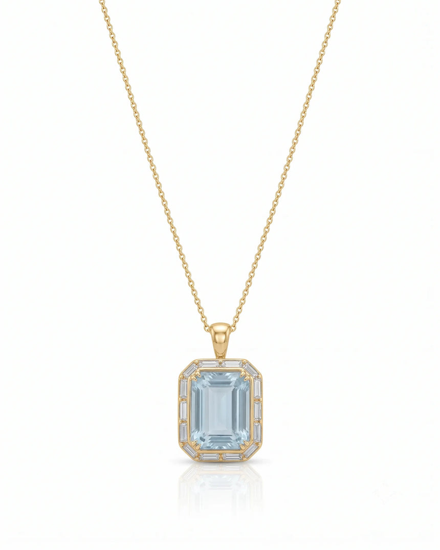 CLARIELLE emerald-cut Aquamarine diamond-frame pendant necklace in Yellow Gold, front view | SARATTI