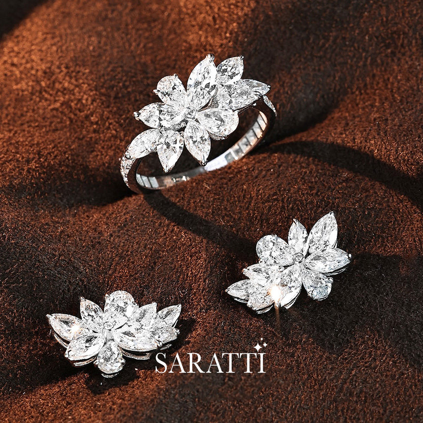 Lab diamond blooming petal earrings platinum setting | SARATTI