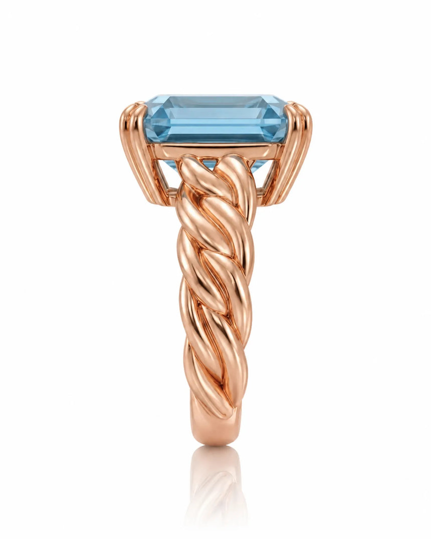 Cordelle Asscher-cut Aquamarine sculptural rope-band solitaire ring setting in Rose Gold, front view | SARATTI