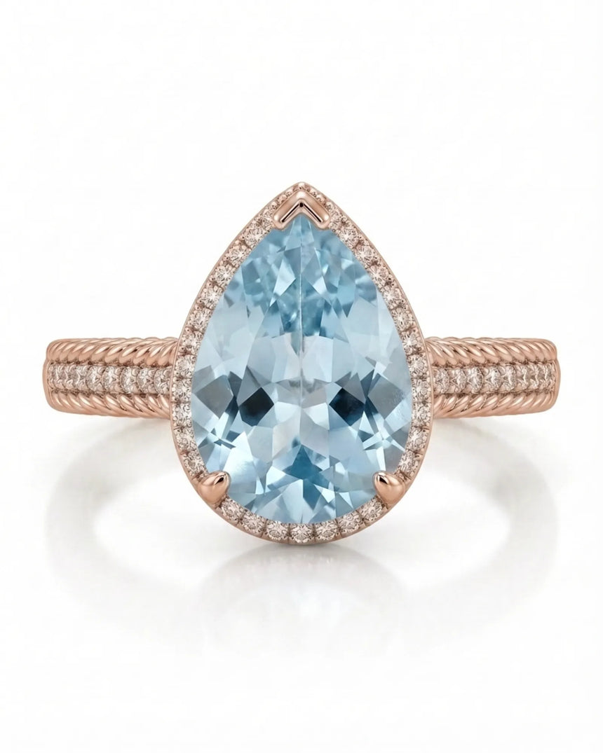 Cordelle Halo Pear Cut Aquamarine Diamond Rope Band Ring Setting in Rose Gold, side profile | SARATTI
