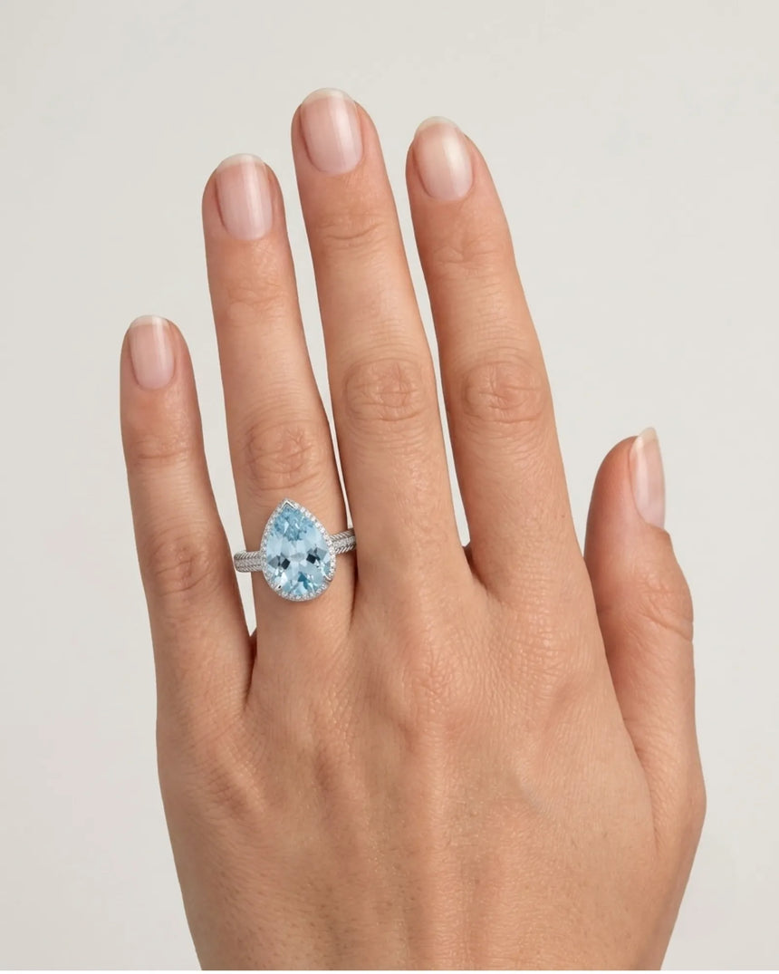 Cordelle Halo Pear Cut Aquamarine Diamond Rope Band Ring Setting in White Gold, side profile | SARATTI