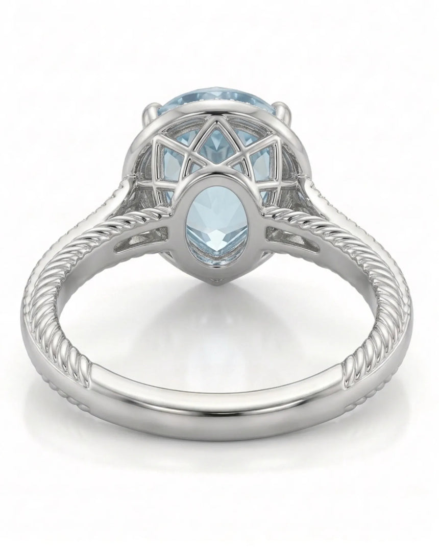 Cordelle Halo Pear Cut Aquamarine Diamond Rope Band Ring Setting in White Gold, top view | SARATTI