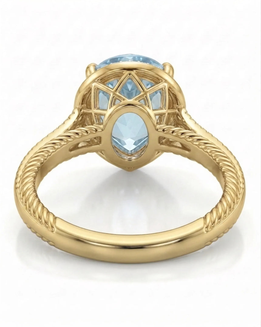 Cordelle Halo Pear Cut Aquamarine Diamond Rope Band Ring Setting in Yellow Gold, rope band detail | SARATTI
