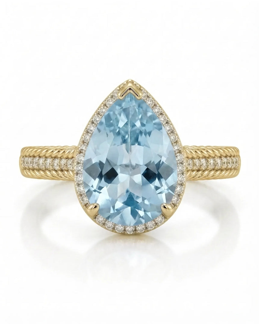 Cordelle Halo Pear Cut Aquamarine Diamond Rope Band Ring Setting in Yellow Gold, side profile | SARATTI