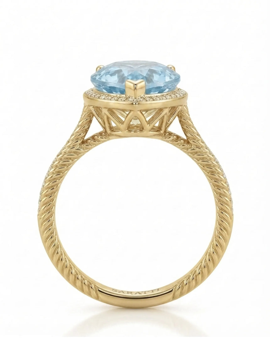 Cordelle Halo Pear Cut Aquamarine Diamond Rope Band Ring Setting in Yellow Gold, top view | SARATTI