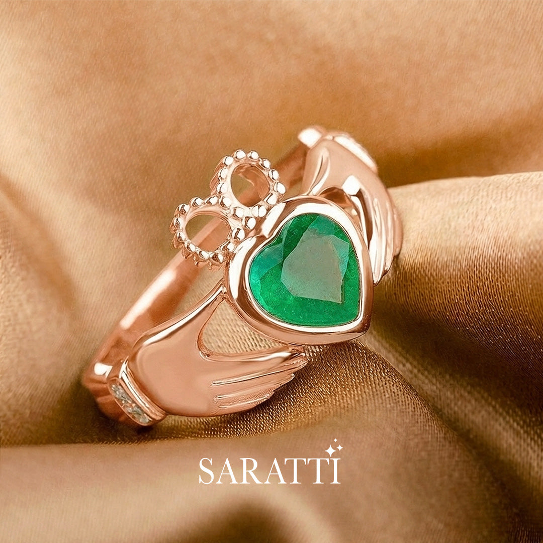 coronet heart emerald claddagh ring rose gold with diamond shoulders | SARATTI