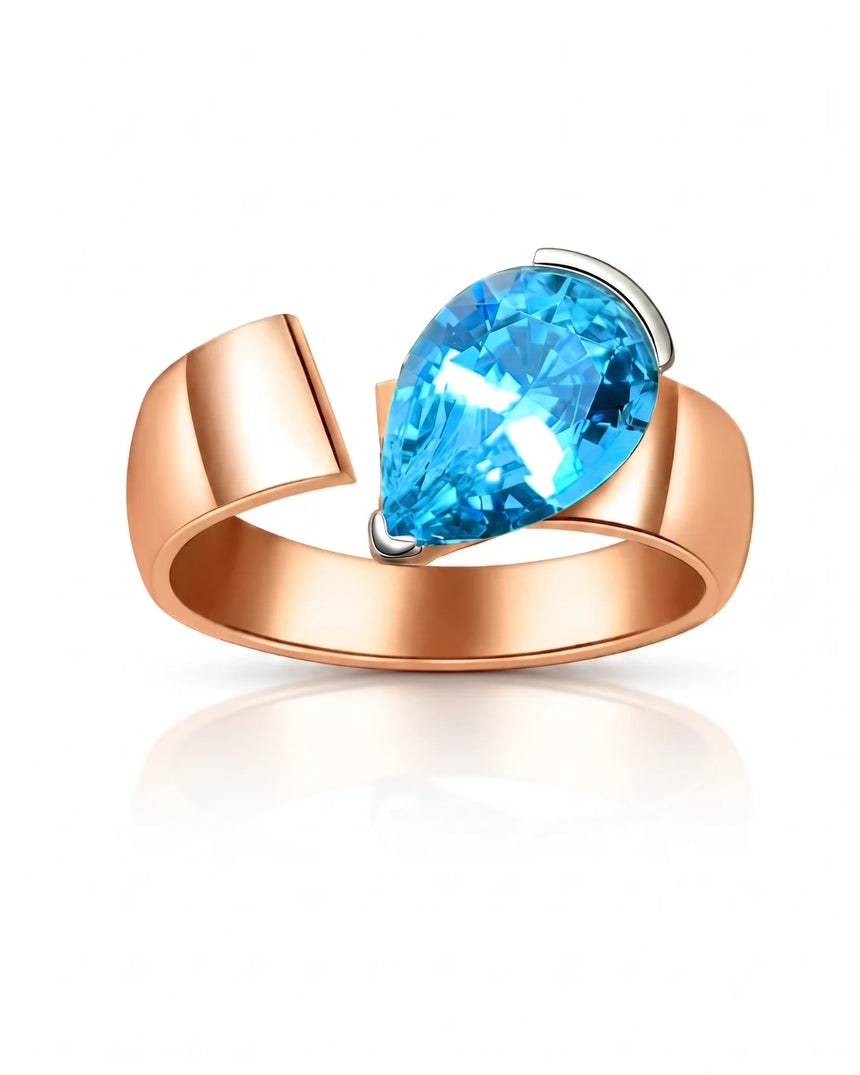Courant pear-cut Aquamarine sculptural open-band solitaire ring setting in Rose Gold, side view | SARATTI