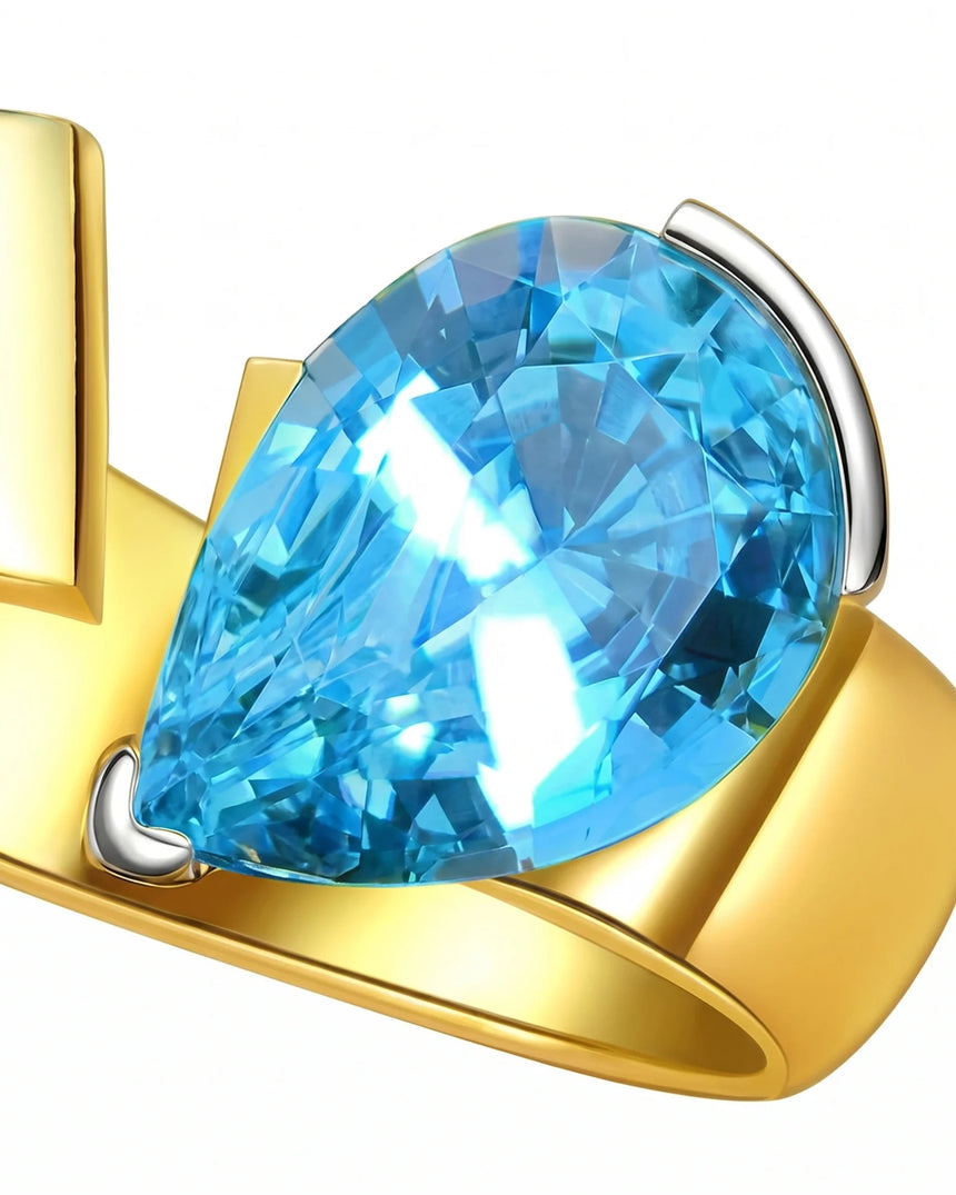 Courant pear-cut Aquamarine sculptural open-band solitaire ring setting in White Gold, alternate 45-degree view | SARATTI