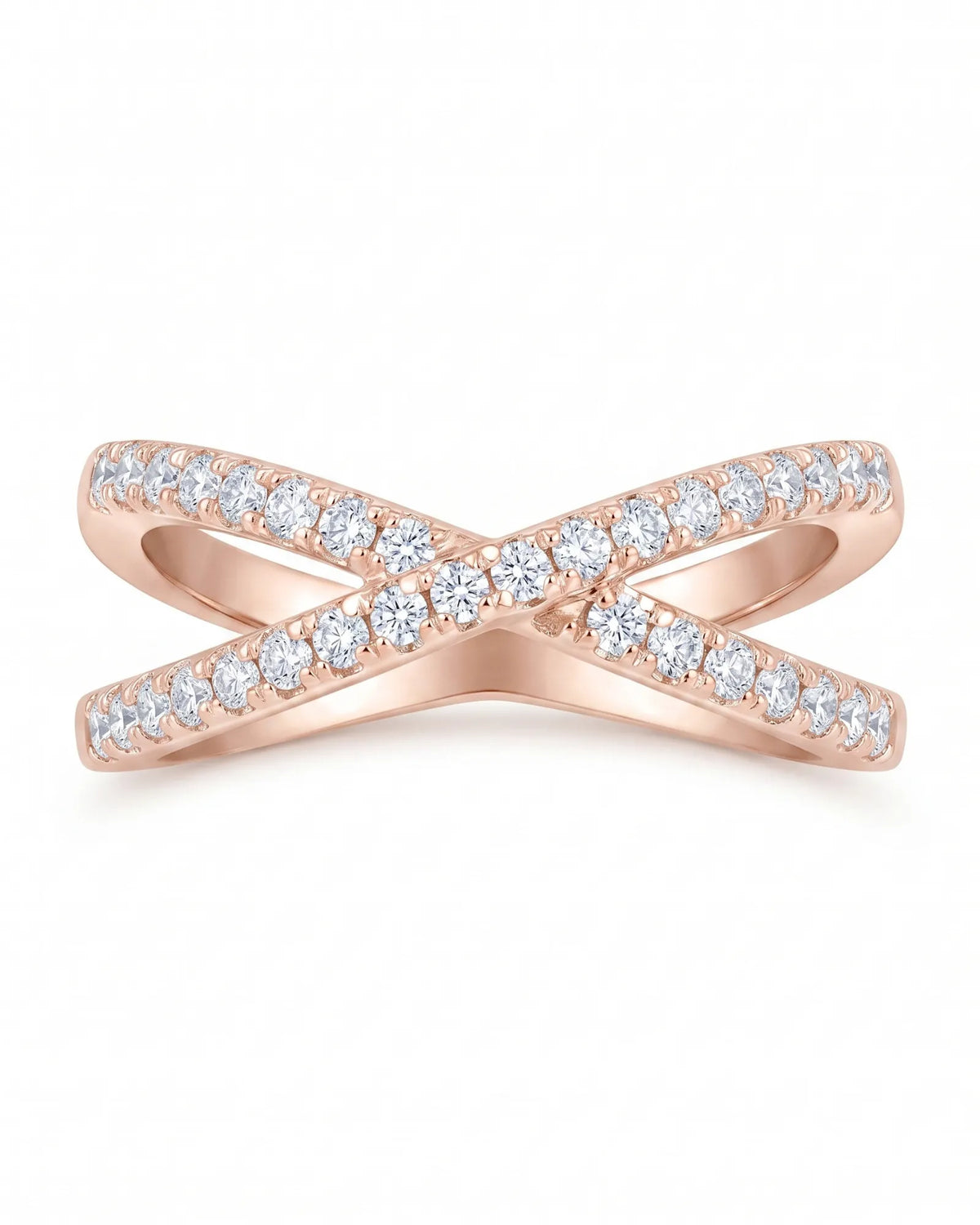 Criss cross diamond wedding ring in 18K rose gold showing polished and diamond-set bands in an intertwined design | SARATTI