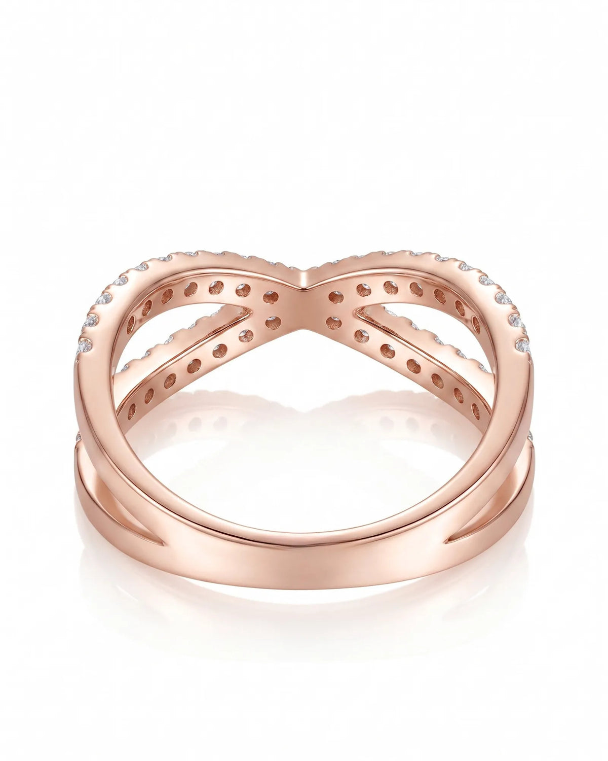 18K rose gold crossover diamond wedding band with round brilliant diamonds and a feminine criss cross silhouette | SARATTI