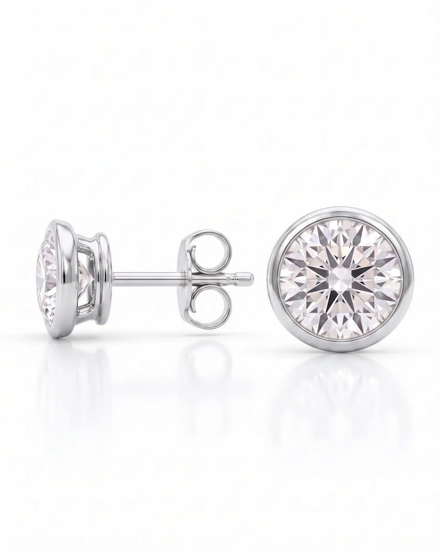 1.00 ct. tw. lab-grown round diamond full-bezel stud earrings in 14K white gold, bezel detail | SARATTI