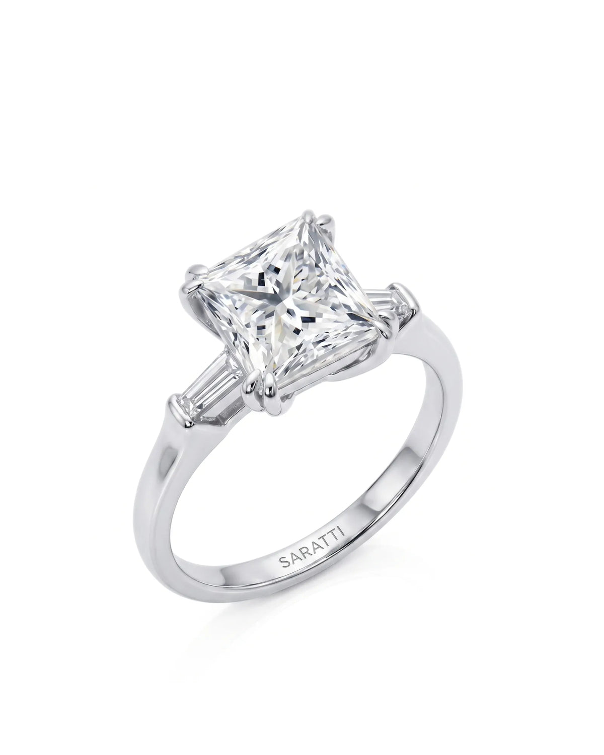 Diane 1 carat F-colour princess natural diamond three-stone ring in 18K white gold, 45-degree hero view | SARATTI