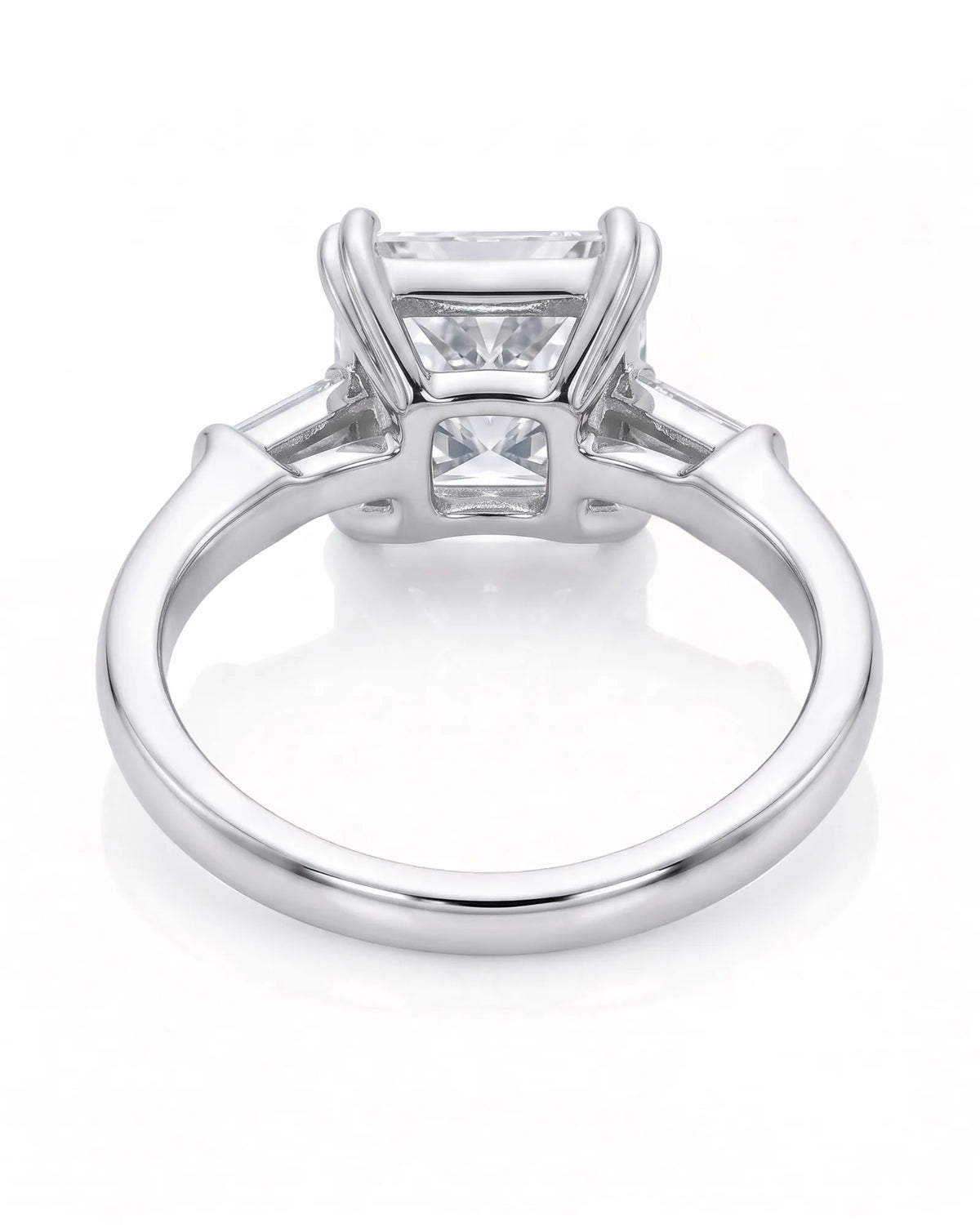 Diane 1 carat F-colour princess natural diamond three-stone ring in platinum, underside view of three-stone setting | SARATTI
