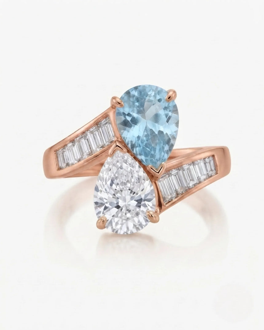 Élan Céleste pear-cut Aquamarine and pear diamond bypass ring setting in rose gold, front view | SARATTI