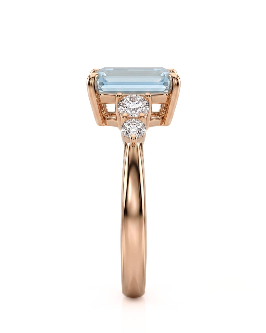 Élané emerald cut Aquamarine diamond accent ring setting in Rose Gold, side profile | SARATTI