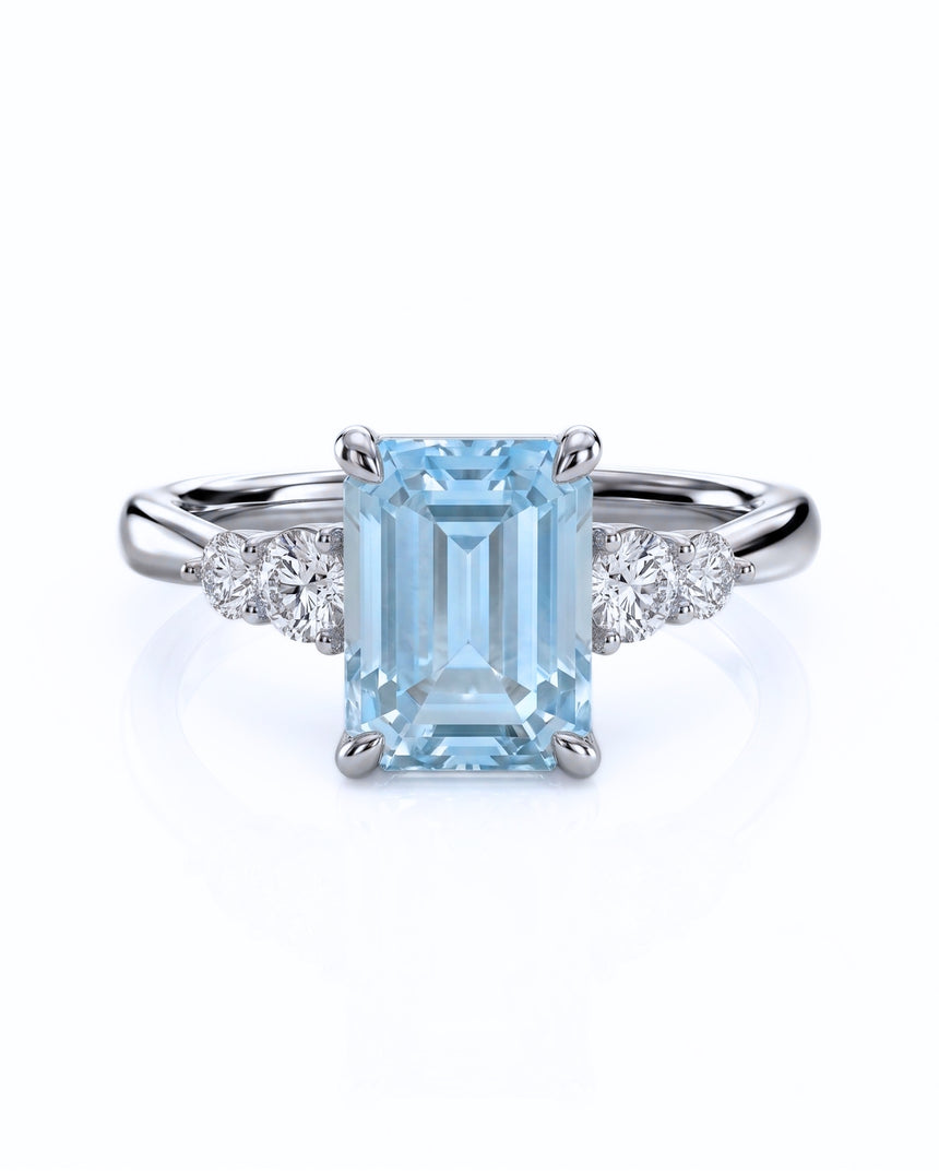 Élané emerald cut Aquamarine diamond accent ring setting in White Gold, front view | SARATTI