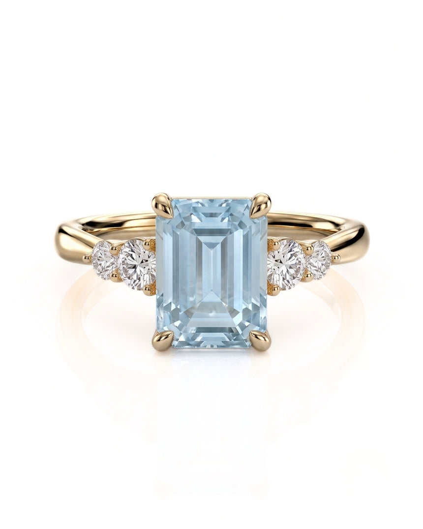 Élané emerald cut Aquamarine diamond accent ring setting in Yellow Gold, front view | SARATTI