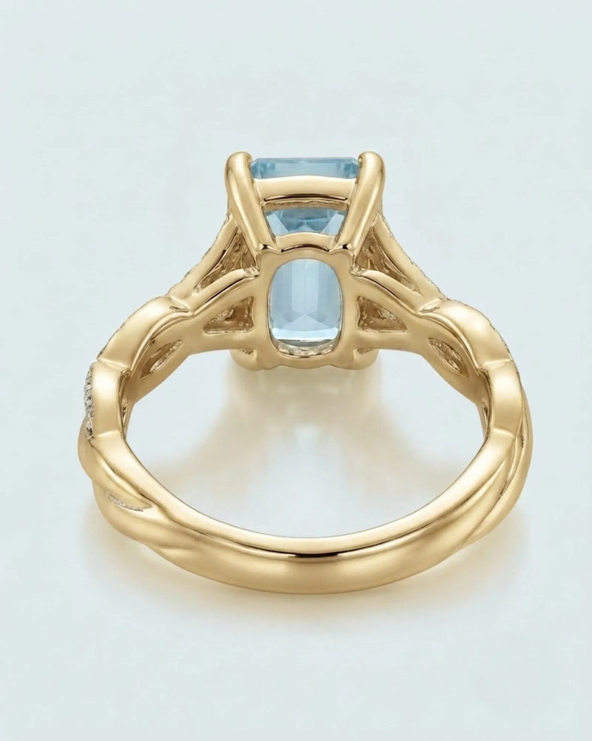 Elane Infinity Emerald Cut Aquamarine Diamond Ring Setting in Yellow Gold, rear gallery view | SARATTI