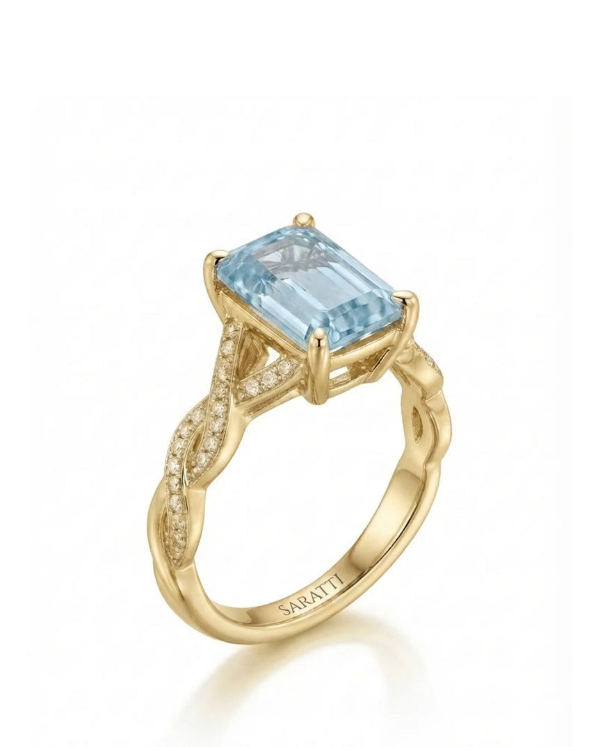 Elane Infinity Emerald Cut Aquamarine Diamond Ring Setting in Yellow Gold, three-quarter view | SARATTI