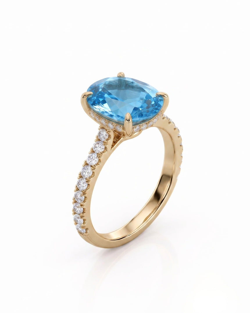 Elaris oval cut Aquamarine pavé solitaire ring setting in Yellow Gold, 45-degree view | SARATTI