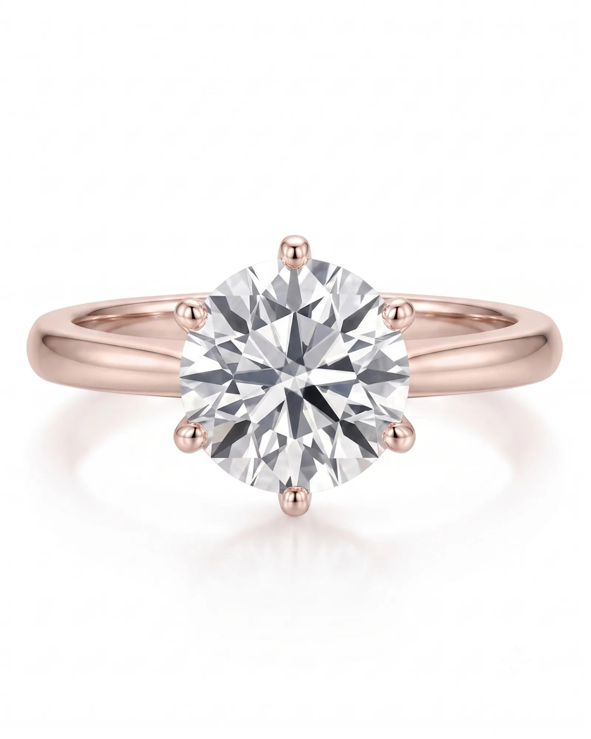 Estelle 1 carat F-colour round natural diamond crown solitaire ring in 18K rose gold, front view of sculpted six-prong crown | SARATTI