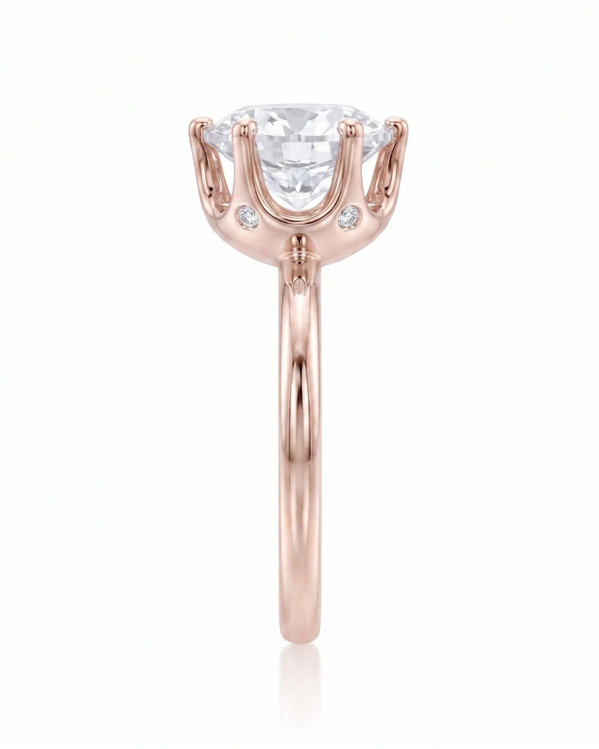 Estelle 1 carat F-colour round natural diamond crown solitaire ring in 18K rose gold, side profile showing raised open crown basket | SARATTI