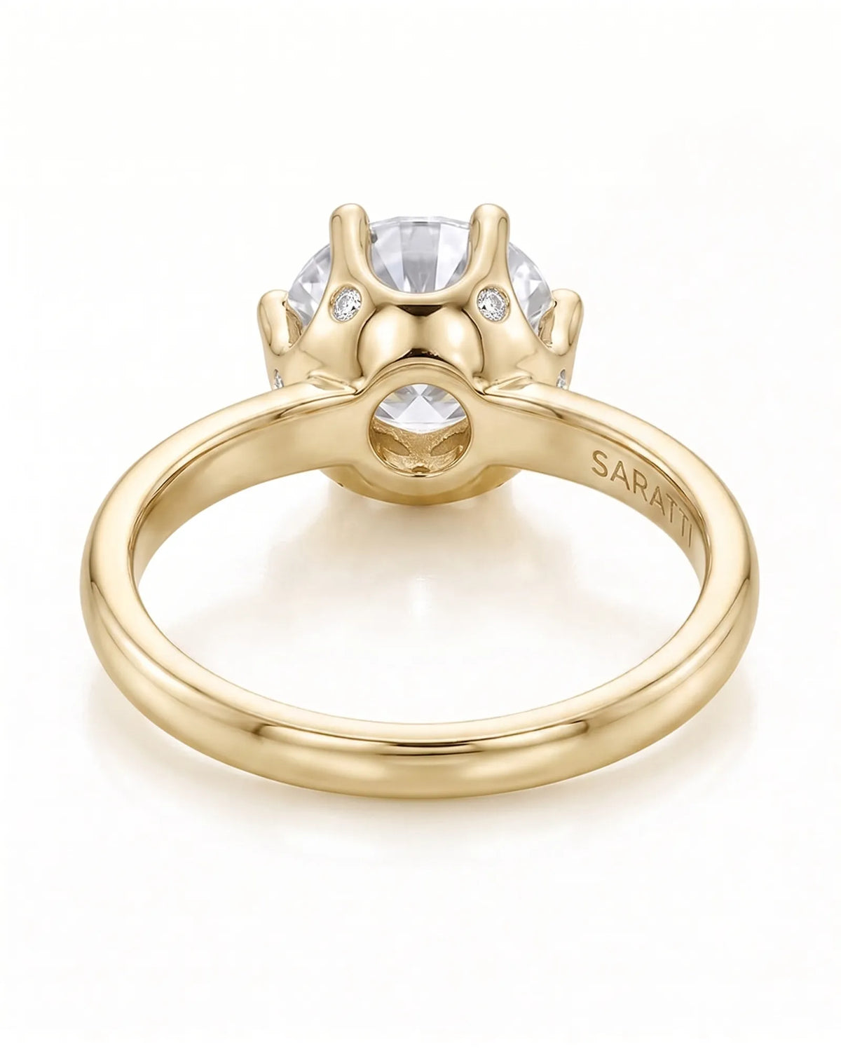 Estelle 1 carat F-colour round natural diamond crown solitaire ring in 18K yellow gold, underside view of crown setting | SARATTI