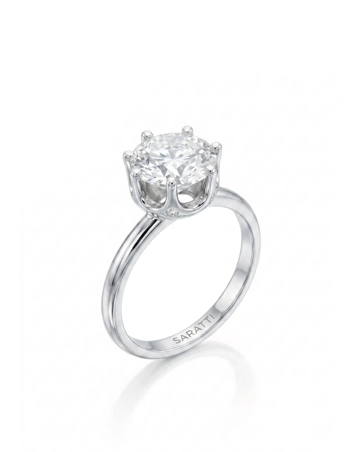 Estelle 1 carat F-colour round natural diamond crown solitaire ring in platinum, 45-degree hero view | SARATTI
