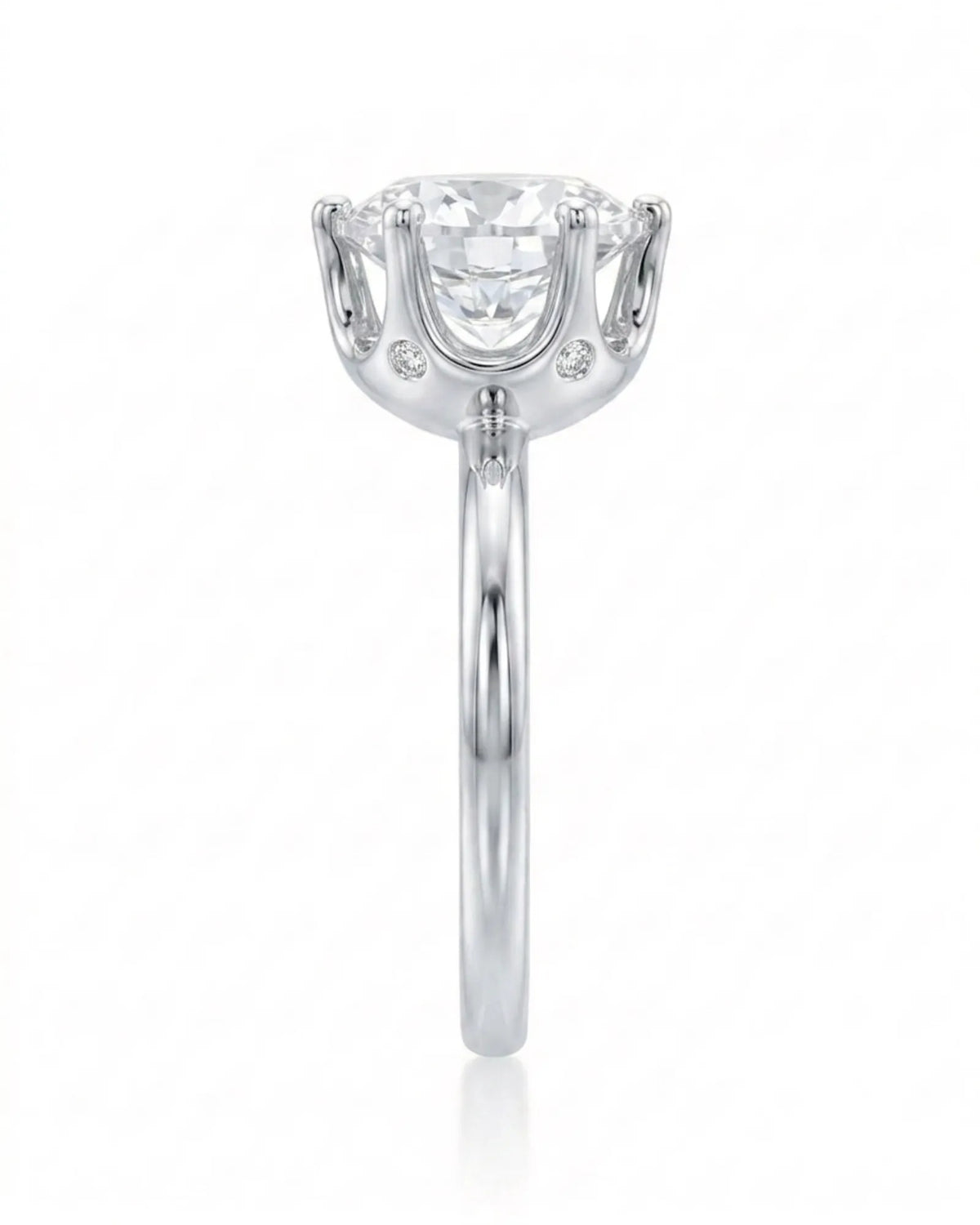 Estelle 1 carat F-colour round natural diamond crown solitaire ring in platinum, side profile showing raised open crown basket | SARATTI