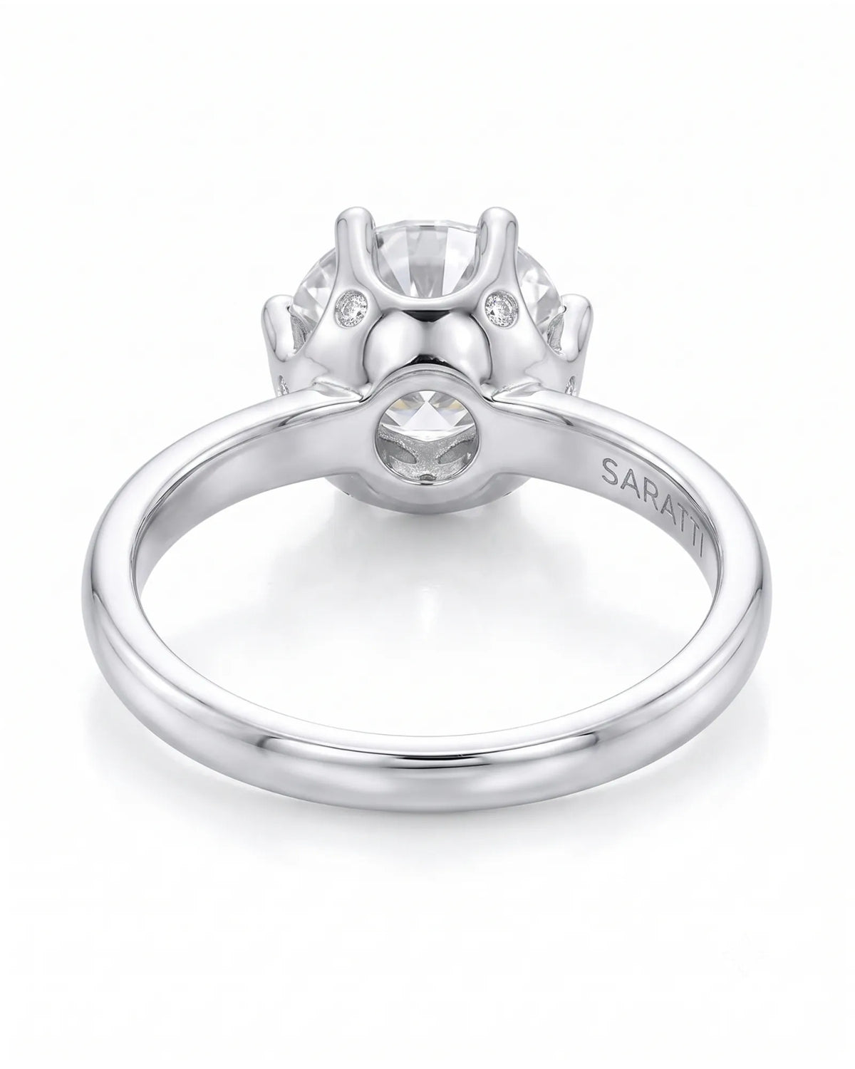 Estelle 1 carat F-colour round natural diamond crown solitaire ring in platinum, underside view of crown setting | SARATTI