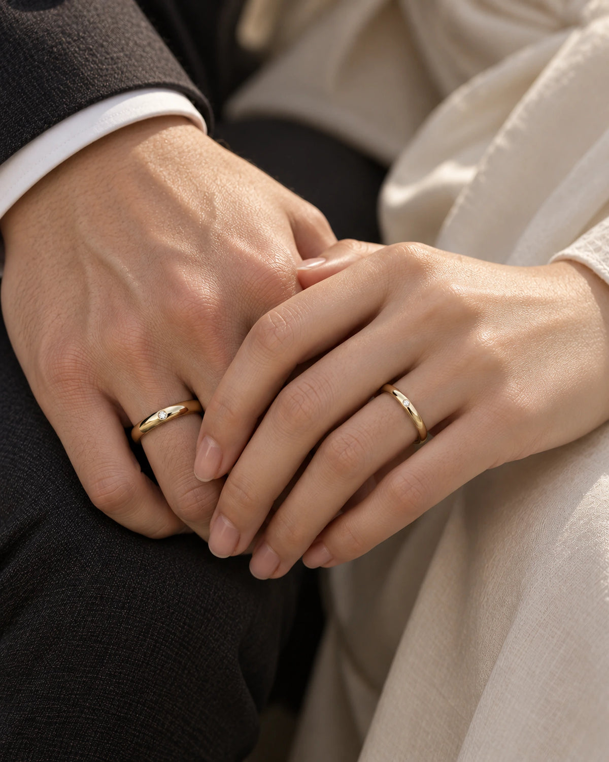 Eterna Diamond Wedding Set in 18K Yellow Gold, couple worn view | SARATTI
