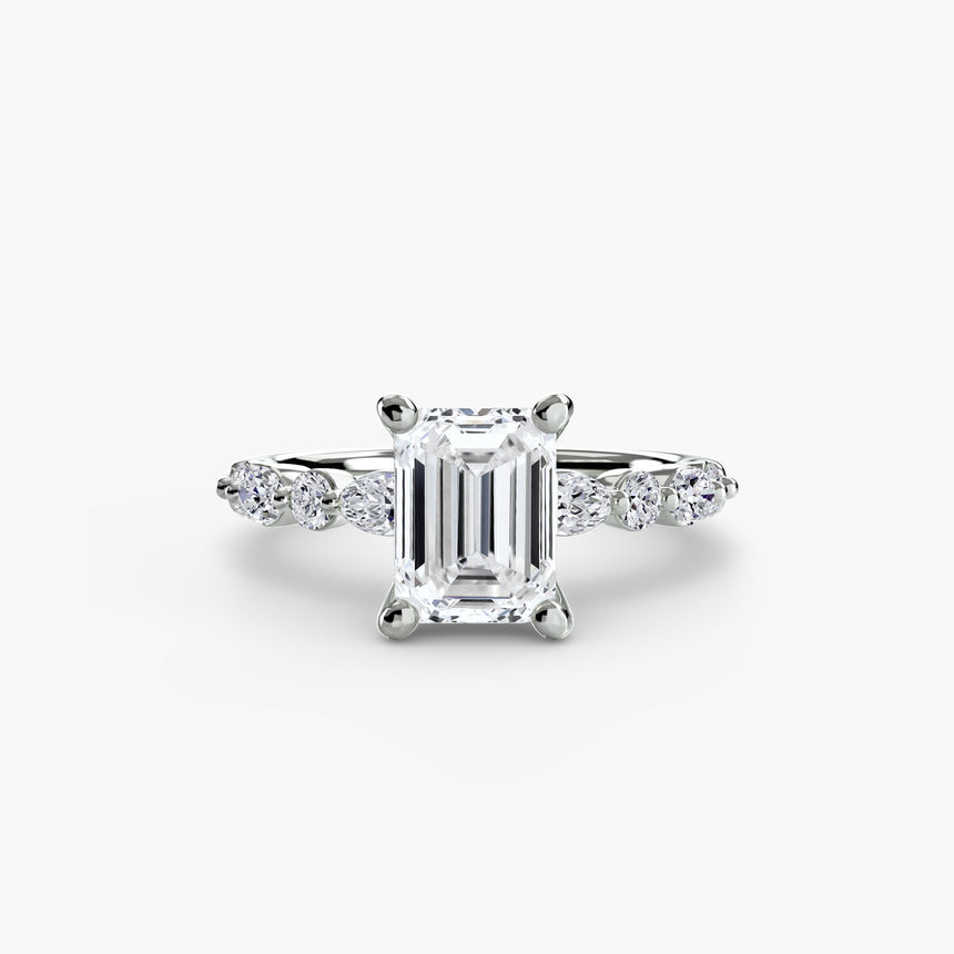 ÉTERNELLE II Emerald Cut Pavé Solitaire Ring Setting in White Gold | SARATTI