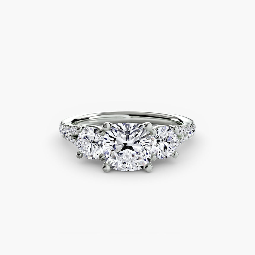 ÉTERNITÉ II Cushion Cut three-stone pavé ring setting in 950 Platinum | SARATTI