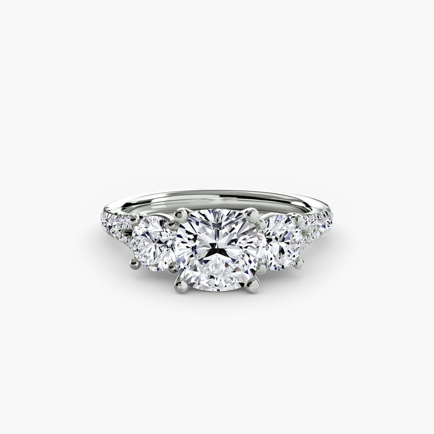 ÉTERNITÉ II Cushion Cut three-stone pavé ring setting in White Gold | SARATTI