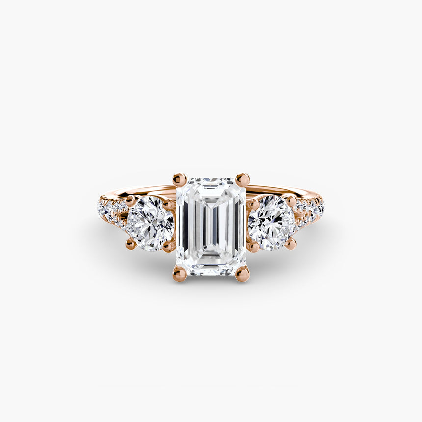 ÉTERNITÉ II Emerald Cut three-stone pavé ring setting in Rose Gold | SARATTI