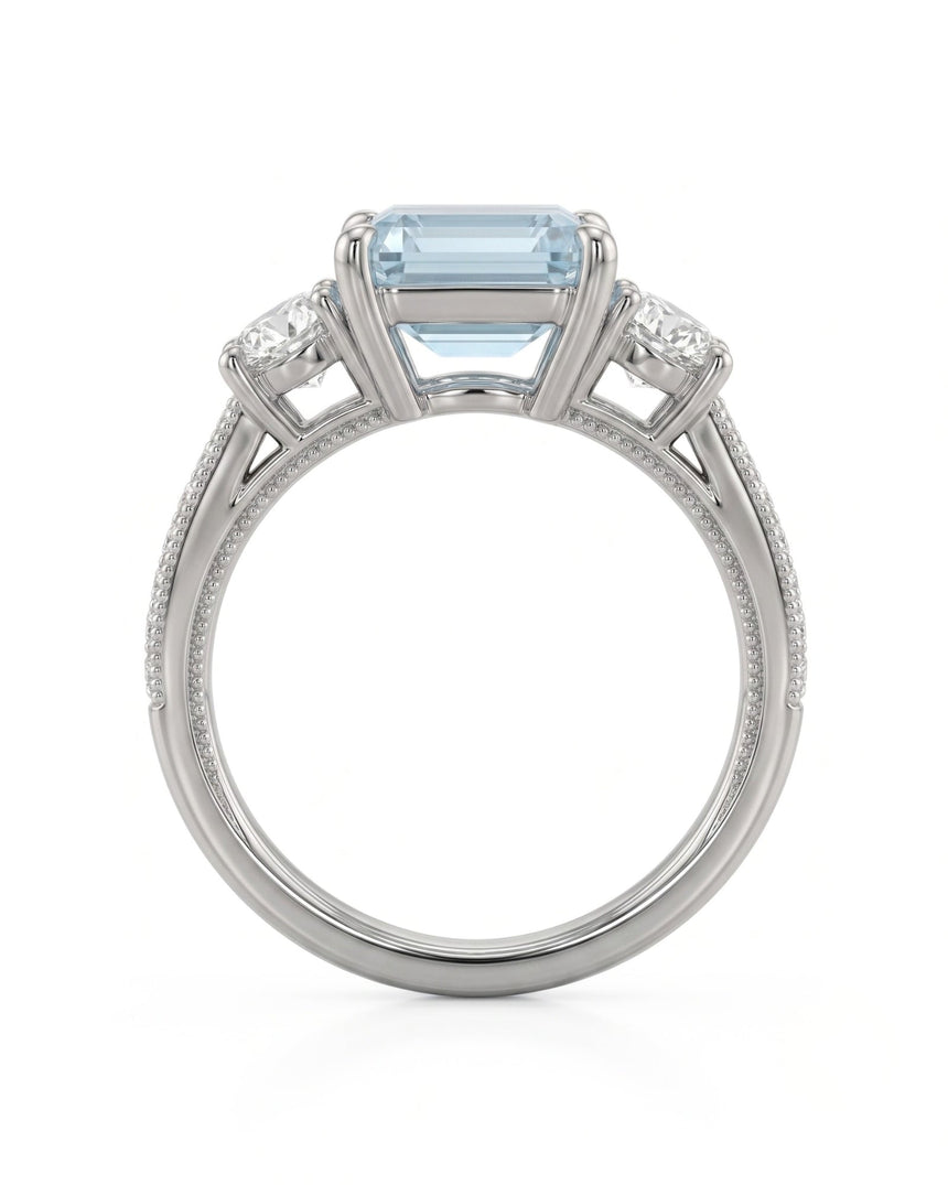 Étoile Trinity emerald cut Aquamarine three-stone diamond ring setting in Platinum, gallery view | SARATTI