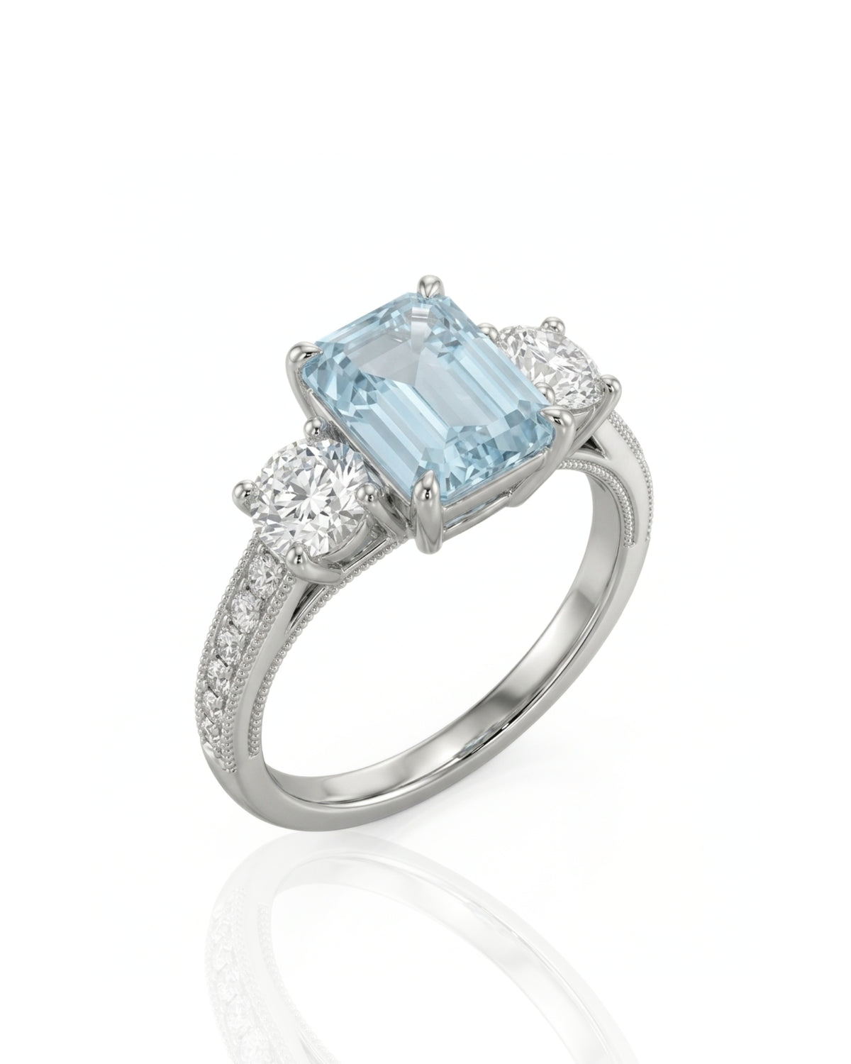 Étoile Trinity emerald cut Aquamarine three-stone diamond ring setting in White Gold, 45-degree view | SARATTI